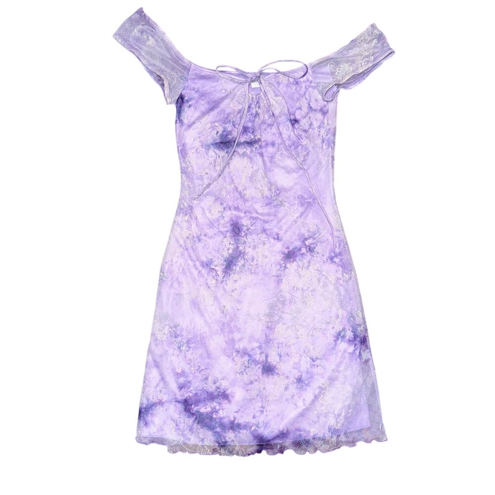Finesse Y2K Purple Tie Dye Mesh Overlay Dress Off Shoulder Lettuce Trim Small